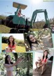 A collage of photos of a woman in a bikini and a tractor.