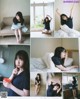 A collage of photos of a woman sitting on a bed.